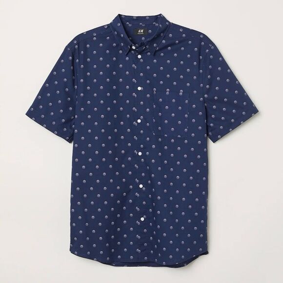 H&M Casual Cotton Button Down Shirt Dark Blue With White Spotted Print Medium - Picture 1 of 11